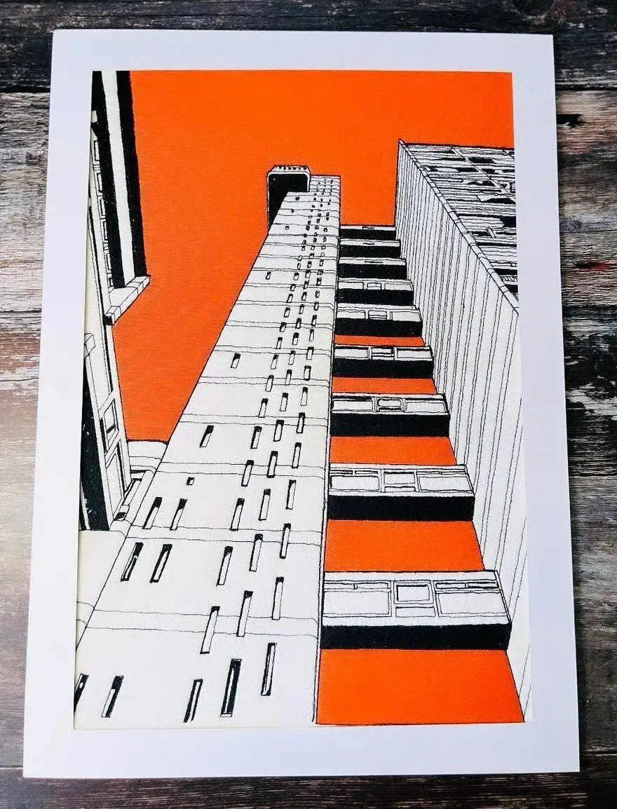 Rendu architectural brodé au fil : tours brutalistes sur fond orange, vues en contre-plongée