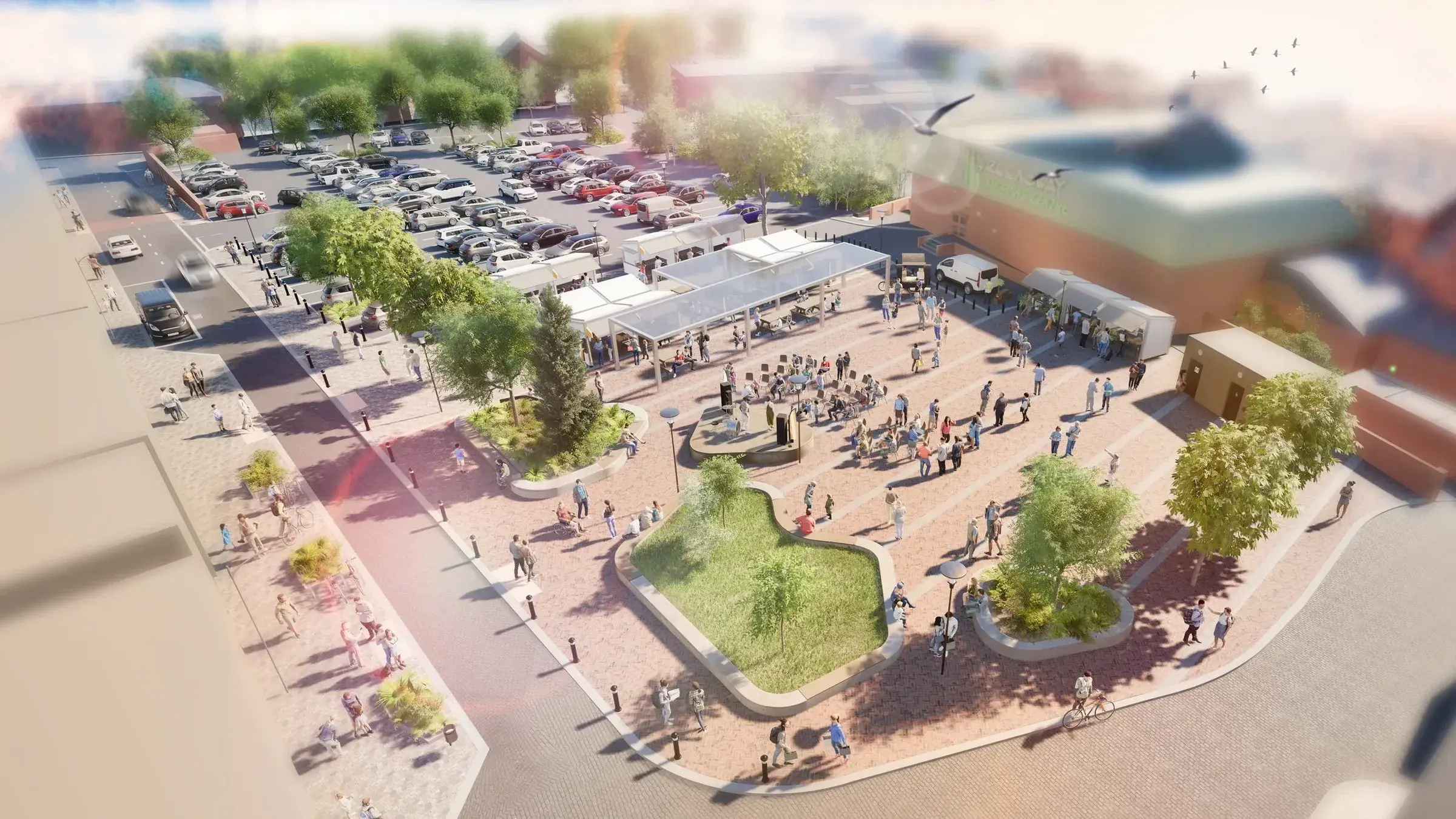 Rendu aérien de la future Ashton Square : kiosques couverts, espace pavé flexible, verdure et habitants