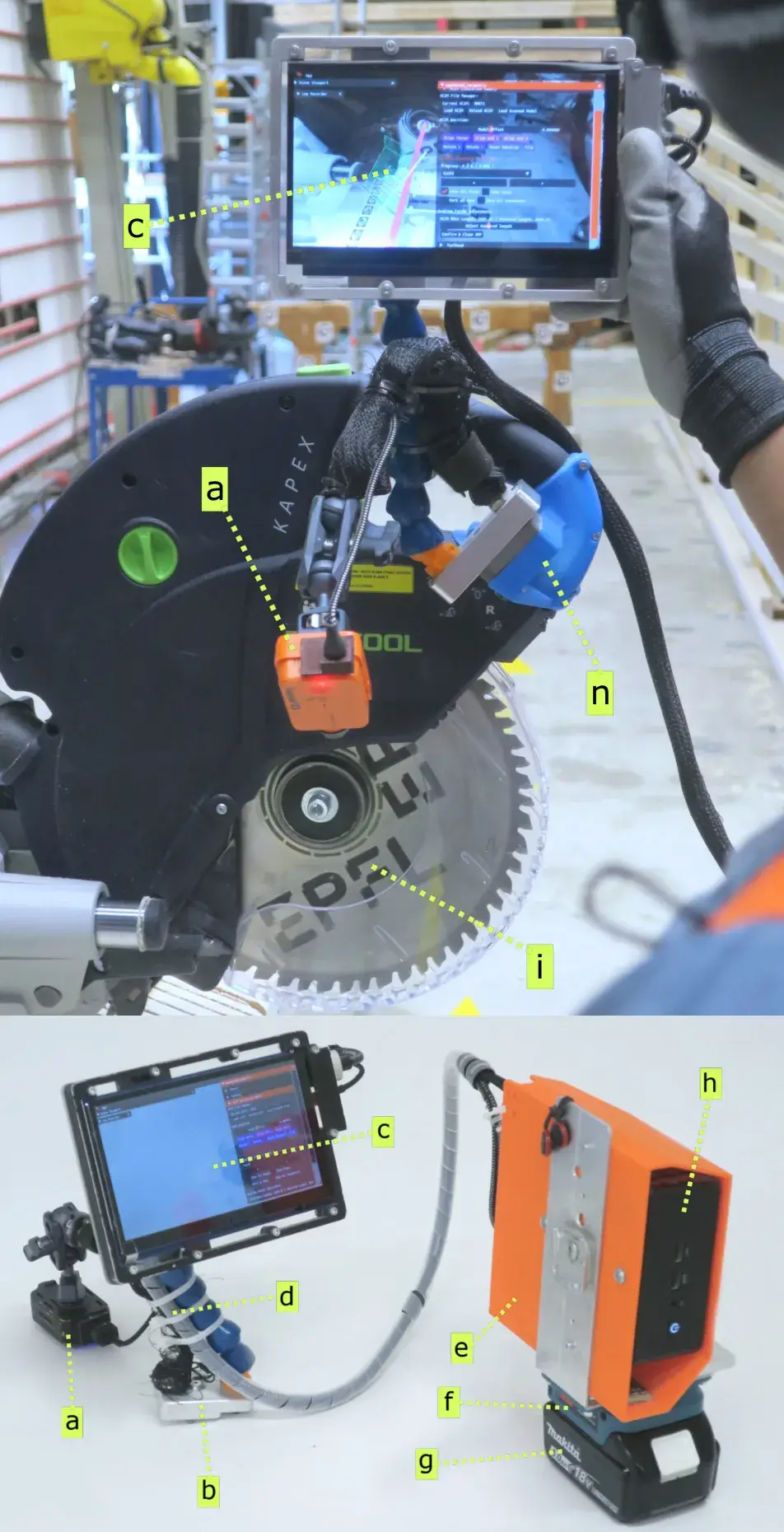 Le montage matériel d’Augmented Carpentry avec caméra, écran, ordinateur portable et fixation imprimée en 3D