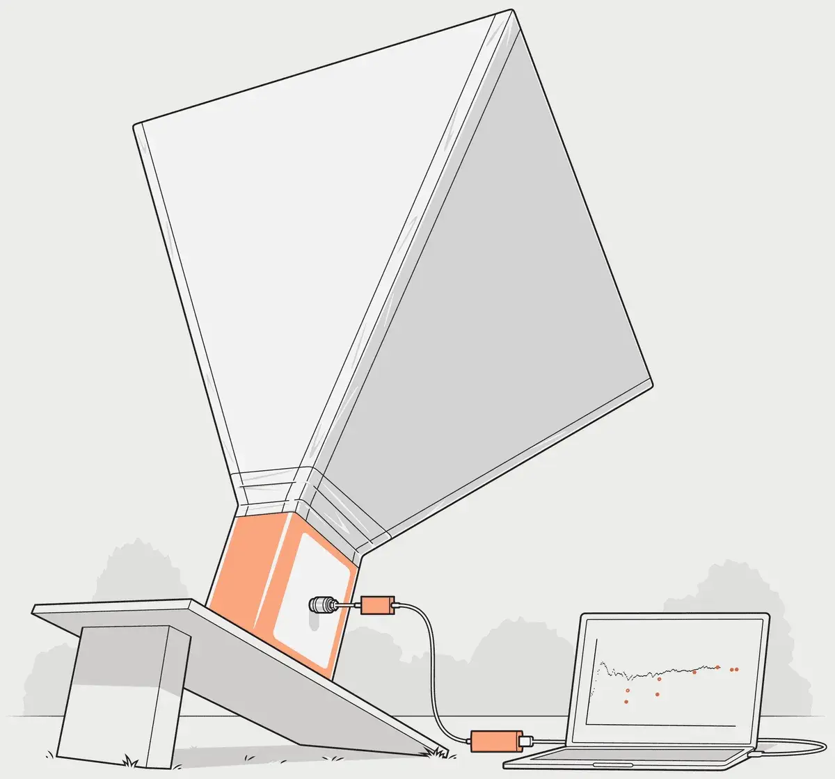 Illustration du radio-téléscope de fortune : un cornet pyramidal inversé posé sur un boîtier métallique, relié par un câble à un ordinateur portable