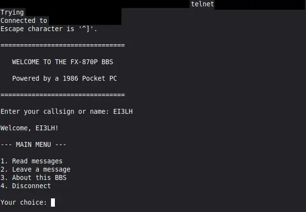 Menu quatre options du BBS VX-4 affiché dans un terminal
