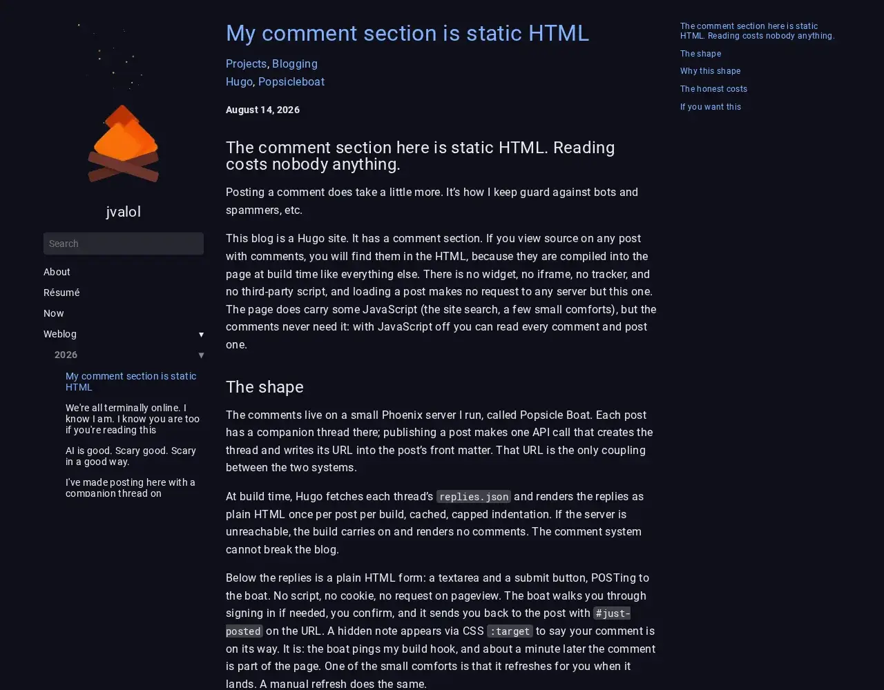 Page du blog jvalol expliquant son système de commentaires HTML statique