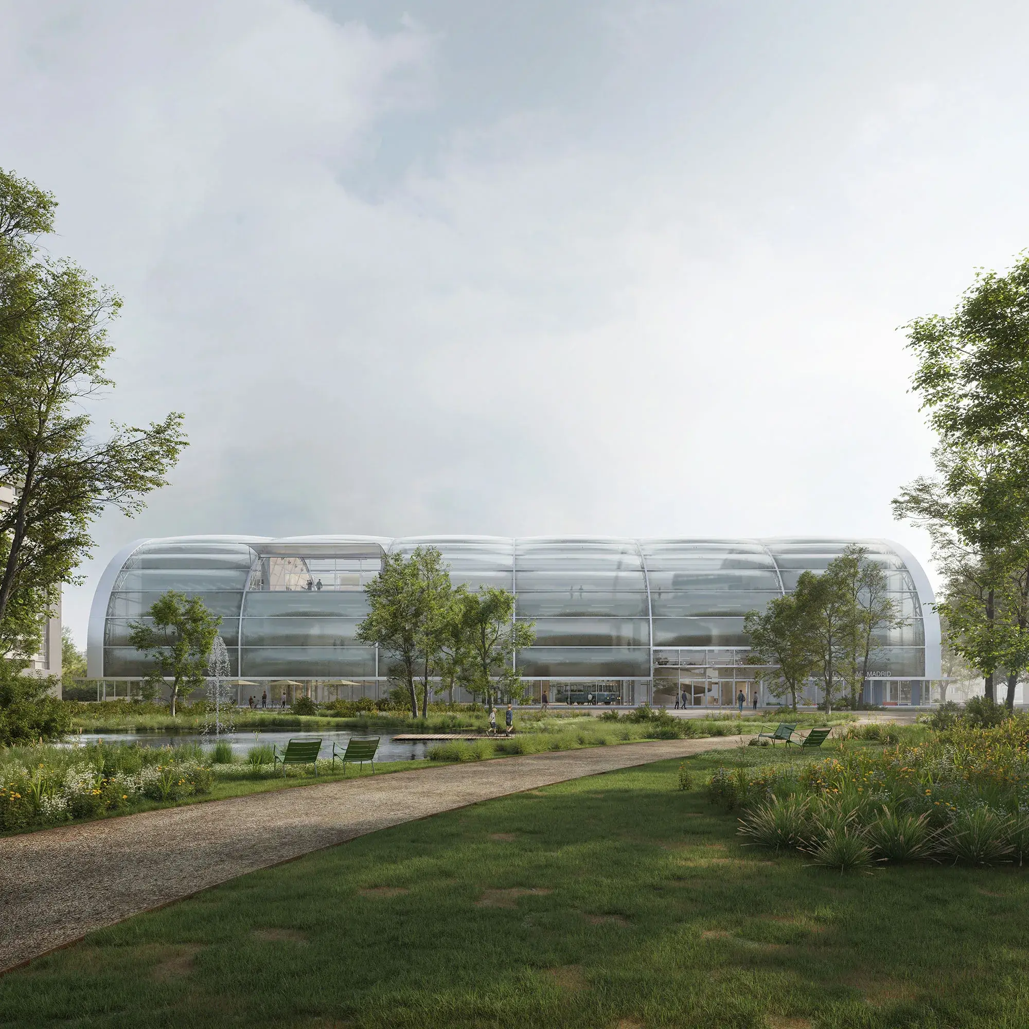 Vue extérieure du projet avec façade translucide en ETFE au bord du parc