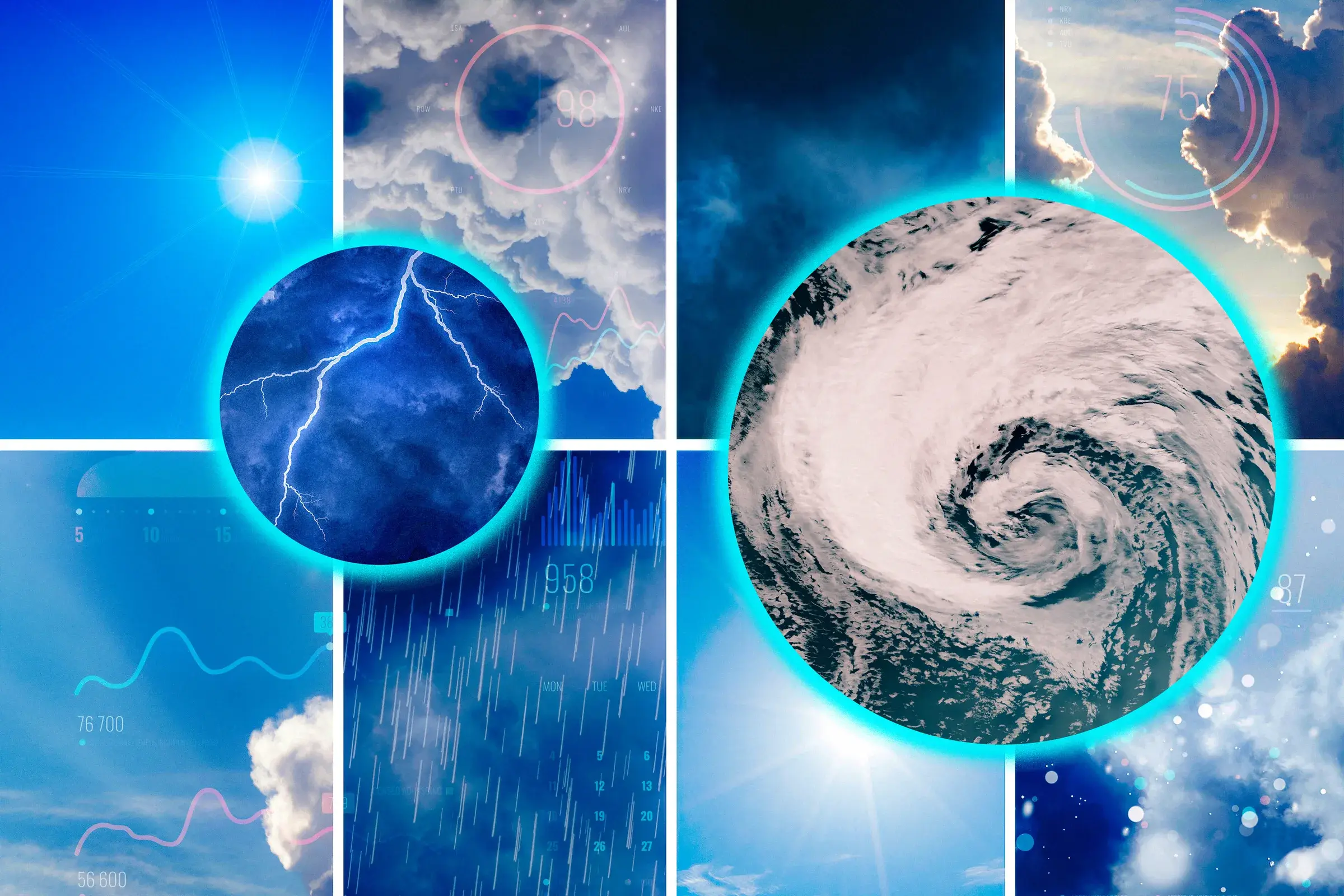 Collage montrant un fond de photos de temps calme et pluvieux avec, au premier plan, un éclair et un ouragan