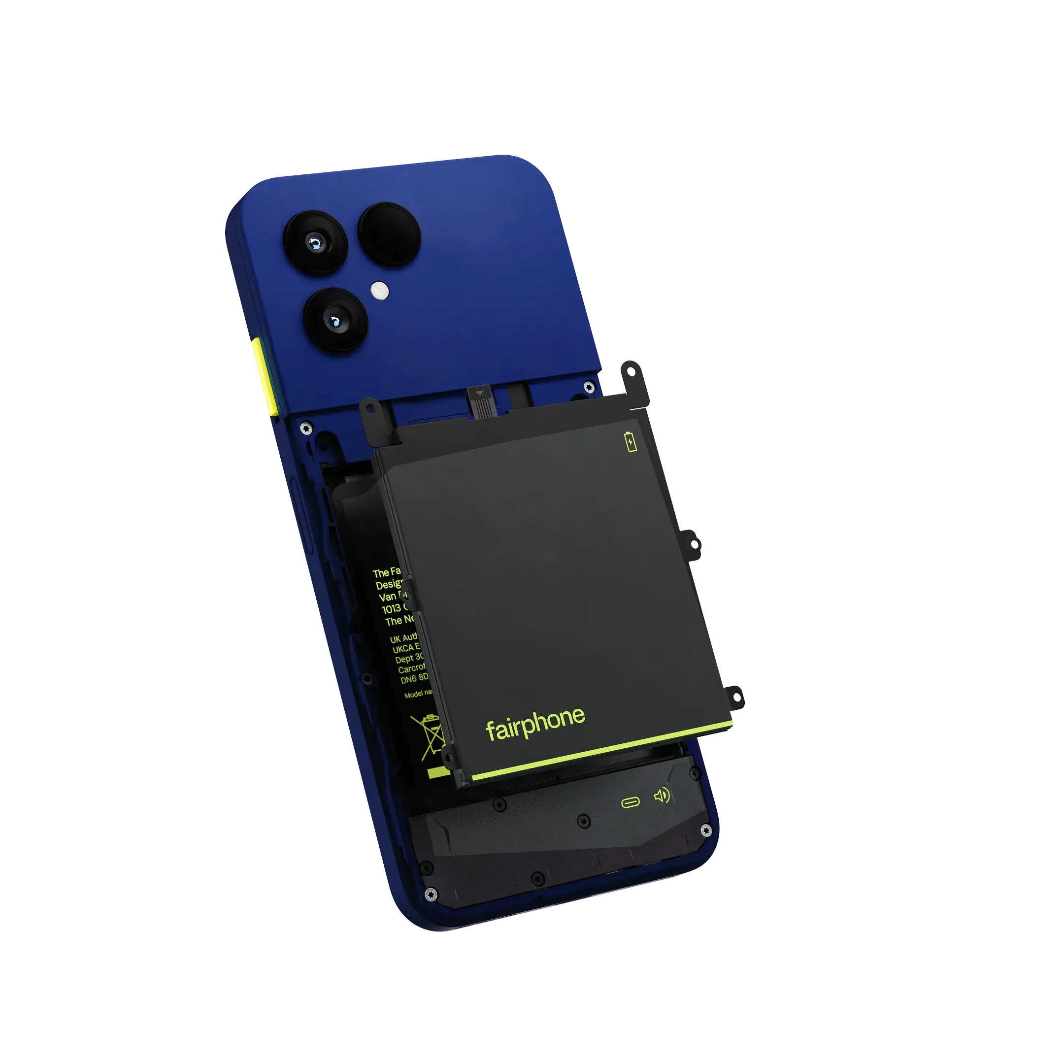 Fairphone Gen. 6+ bleu ouvert par l’arrière, batterie amovible soulevée hors du châssis