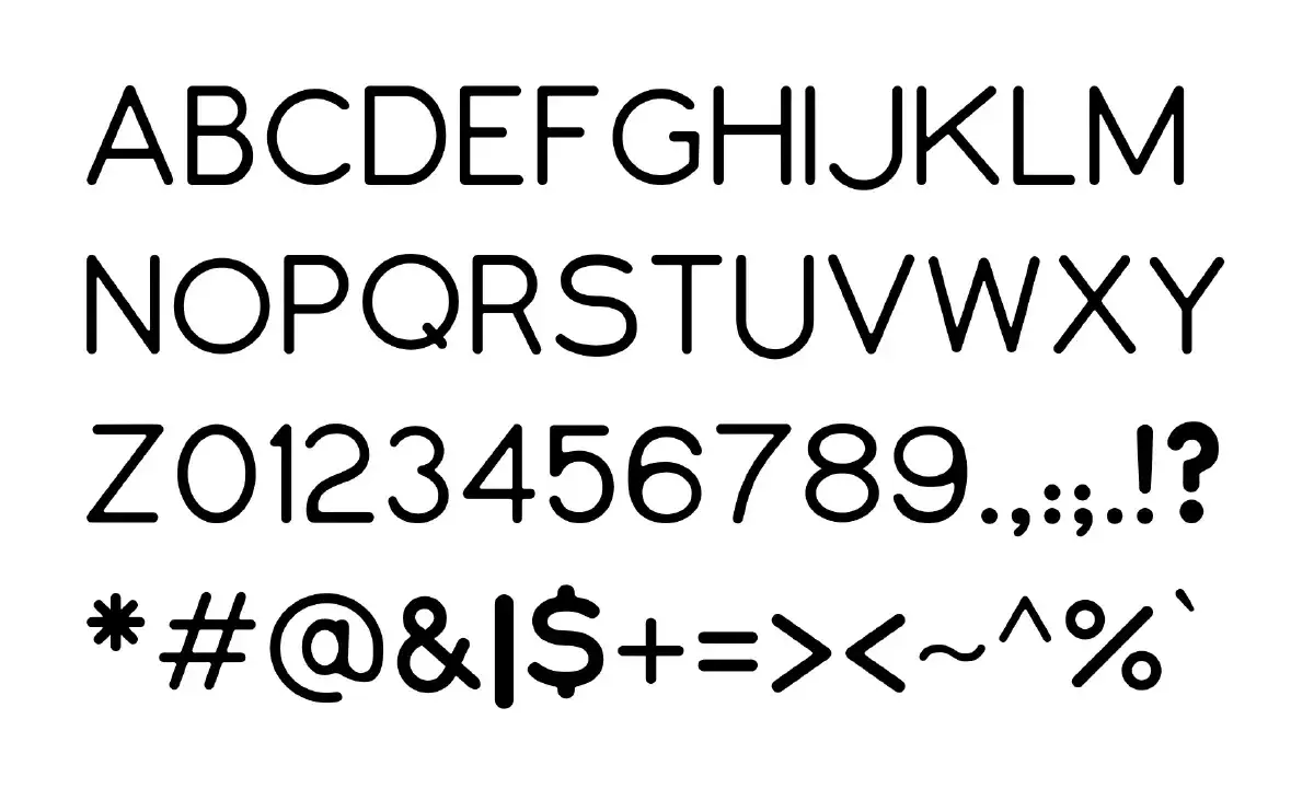 Spécimen complet de l'alphabet Gorton montrant l'ensemble des caractères monolignes incluant majuscules, minuscules, chiffres et ponctuation