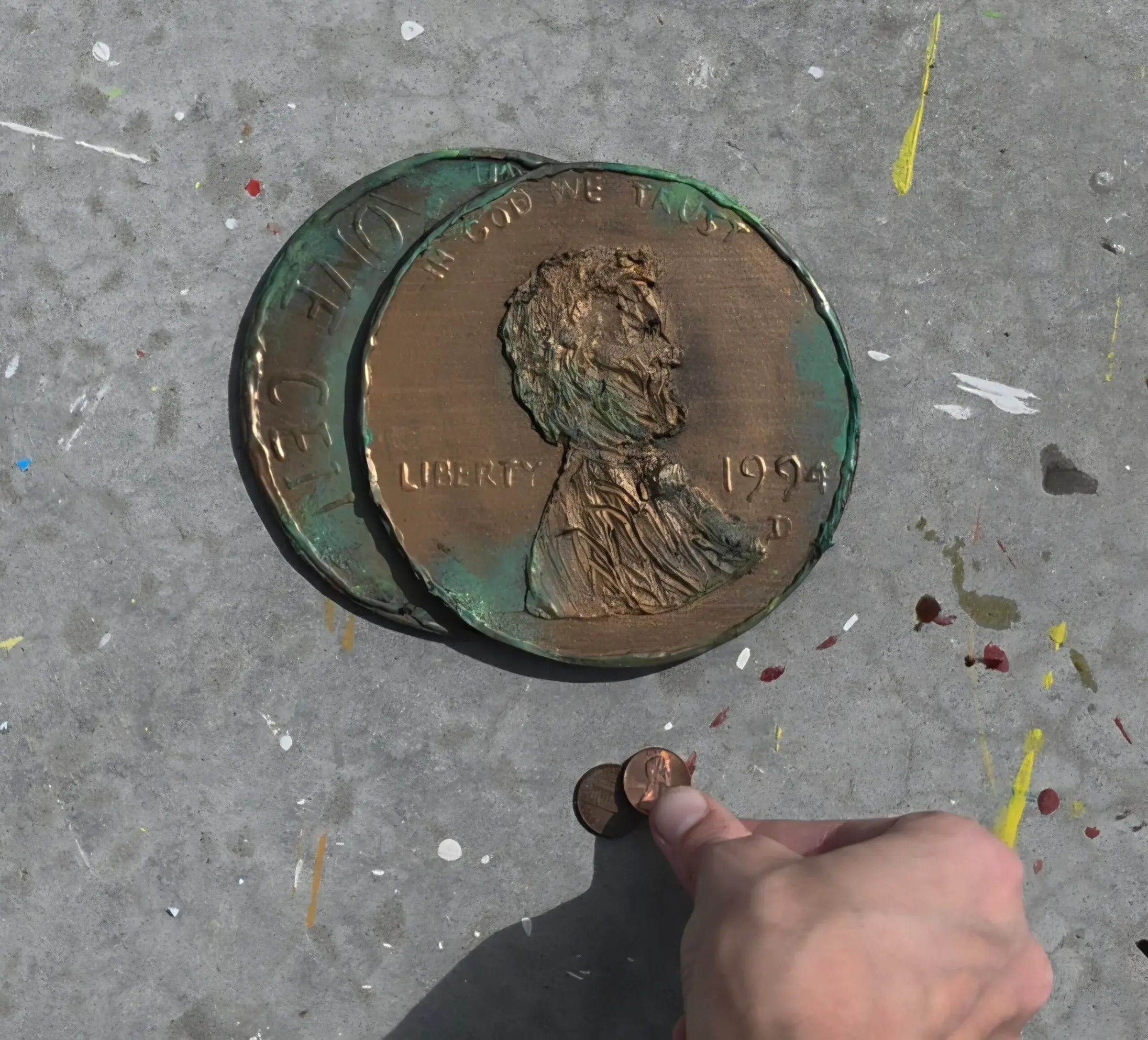 Deux pennies géants sculptés avec une patine verte, à côté d'une vraie pièce de un cent tenue entre les doigts