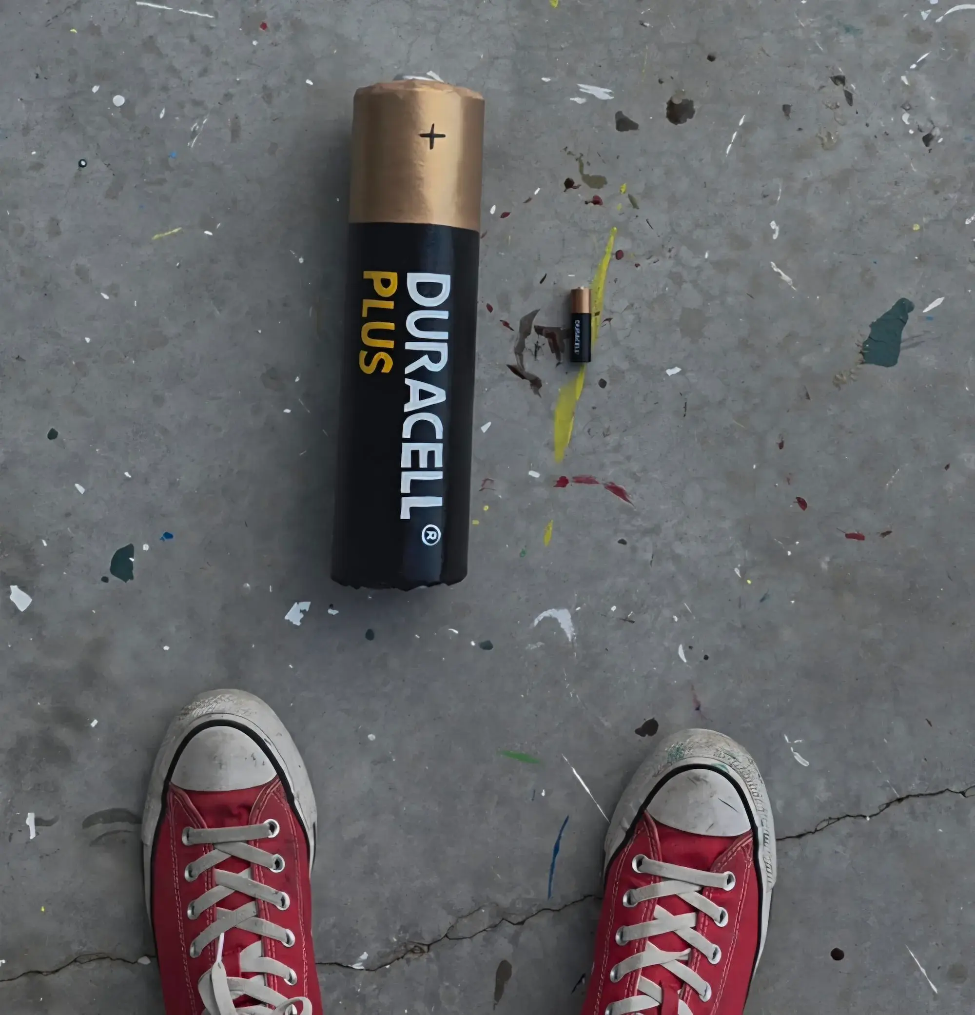 Une pile Duracell géante peinte, à côté d'une vraie pile AA et de baskets rouges posées sur le sol de l'atelier