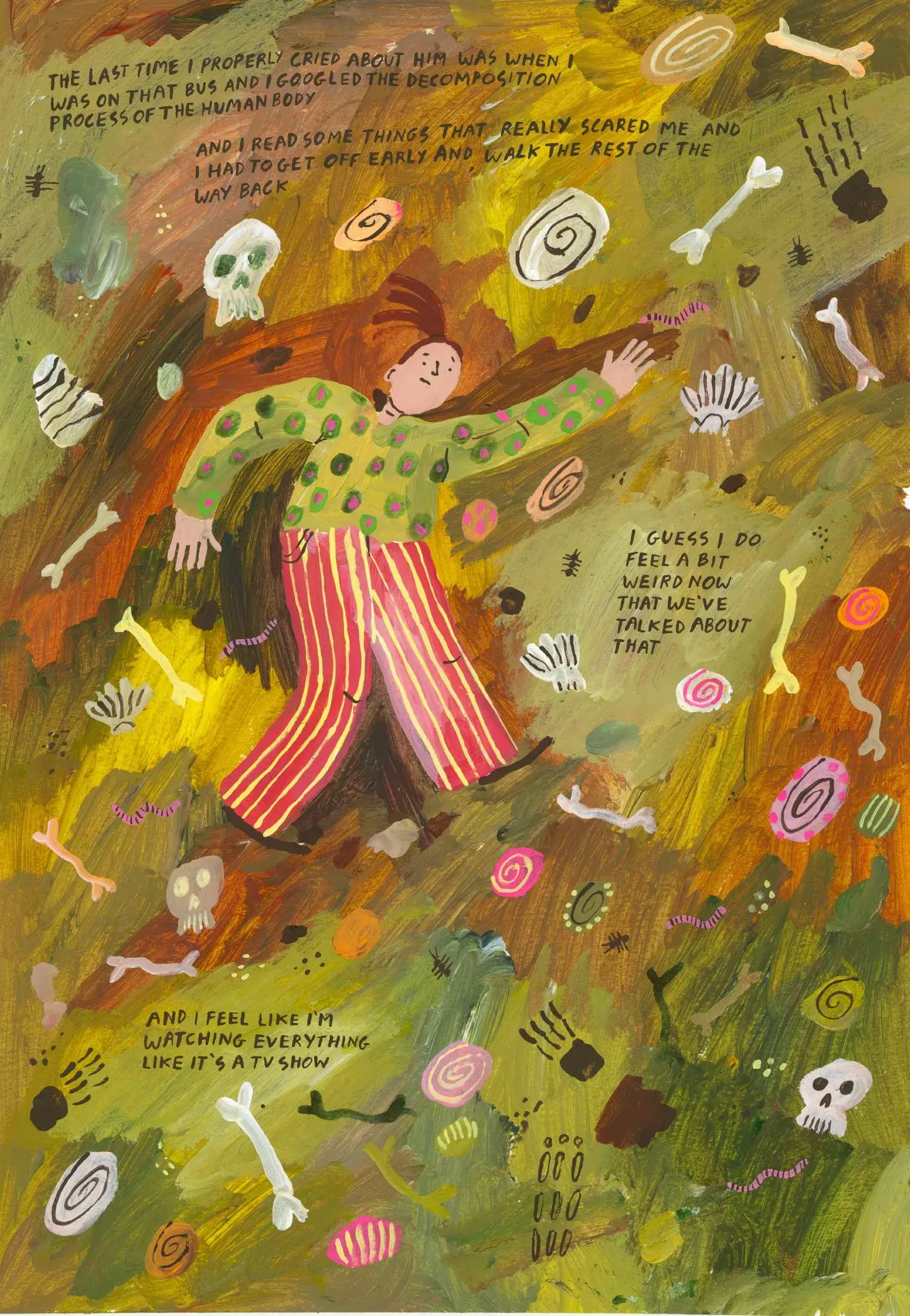 Illustration de Picking up a Toad montrant une scène plus sombre, avec personnage et formes organiques