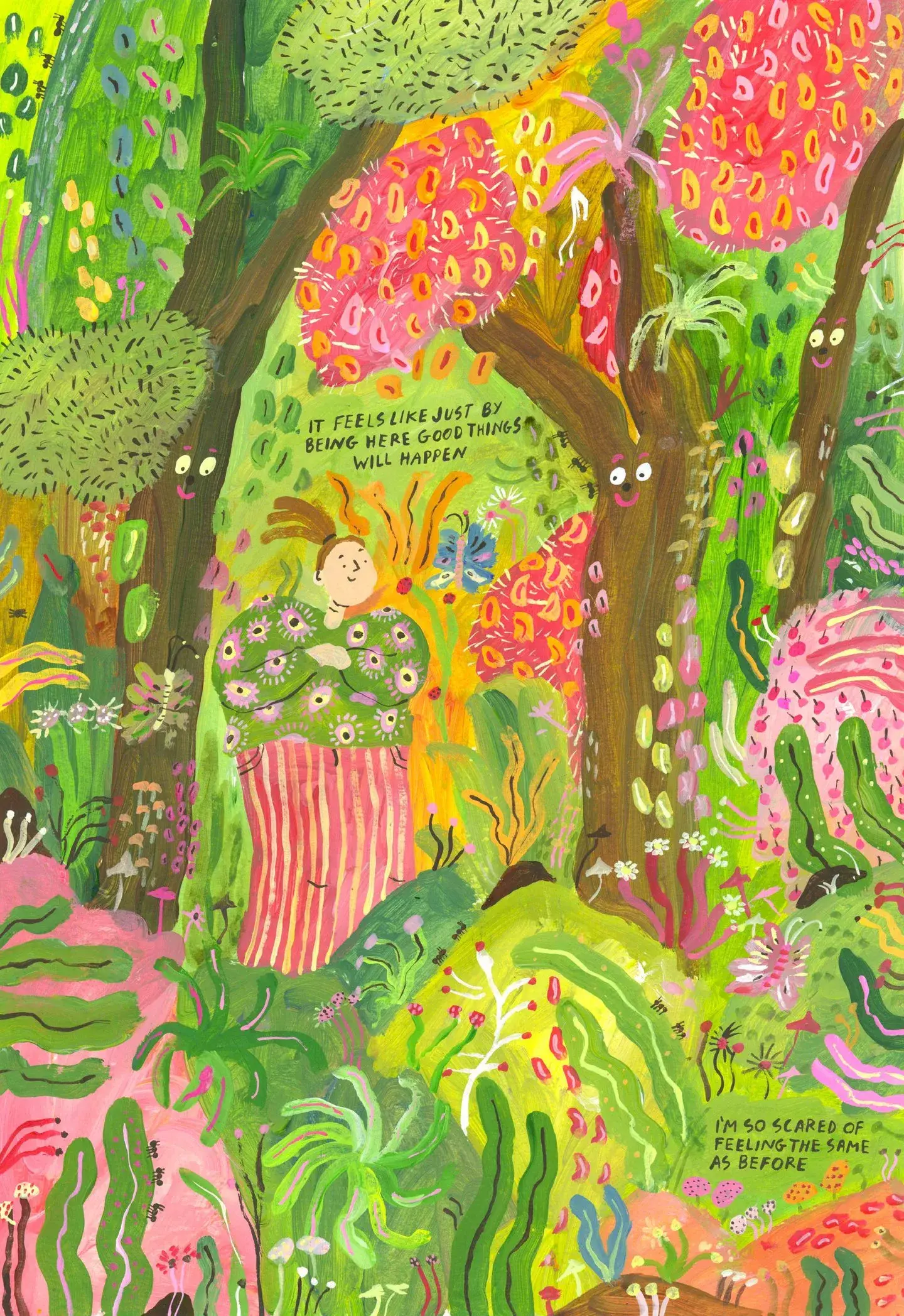 Illustration de la série Picking up a Toad de Holly Thomas, aux couleurs vertes et roses, montrant un paysage végétal peuplé de formes et de personnages