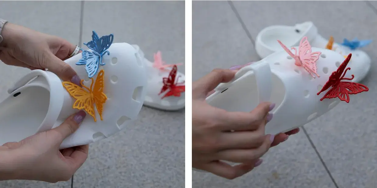 Mains pliant un sabot blanc imprimé en TPU pour montrer sa souplesse