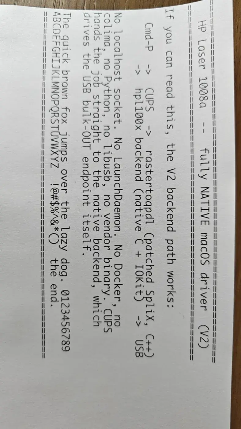Feuille de test imprimée correctement par une HP Laser 1008a depuis macOS avec le pilote communautaire