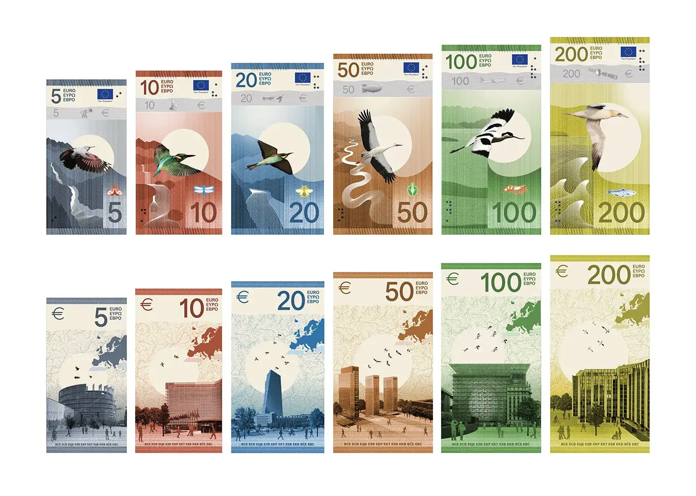 Planche présentant la série de propositions de billets en euros conçue par Isabelle Daëron et Studio Idaë