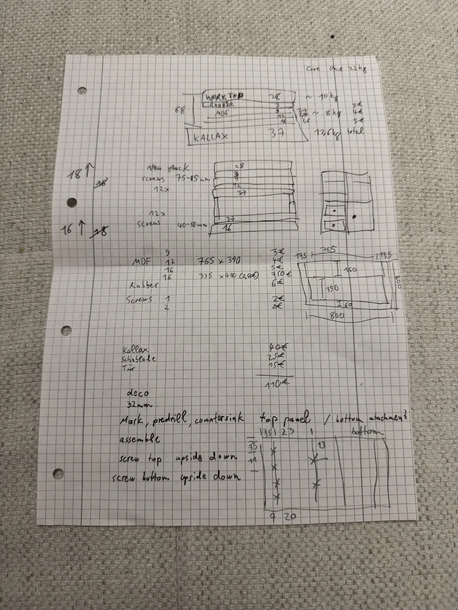 Plan du projet : croquis de l'établi avec le KALLAX et le plateau dimensionnés