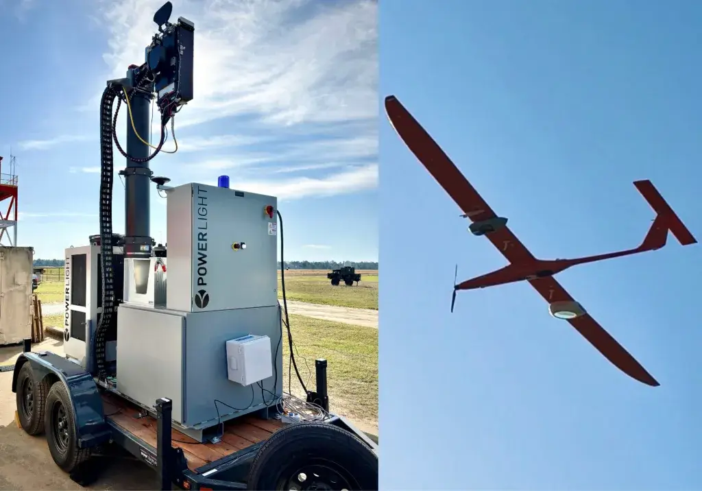 Démonstration PowerLight montrant au sol le système de transfert et un drone équipé d’un récepteur