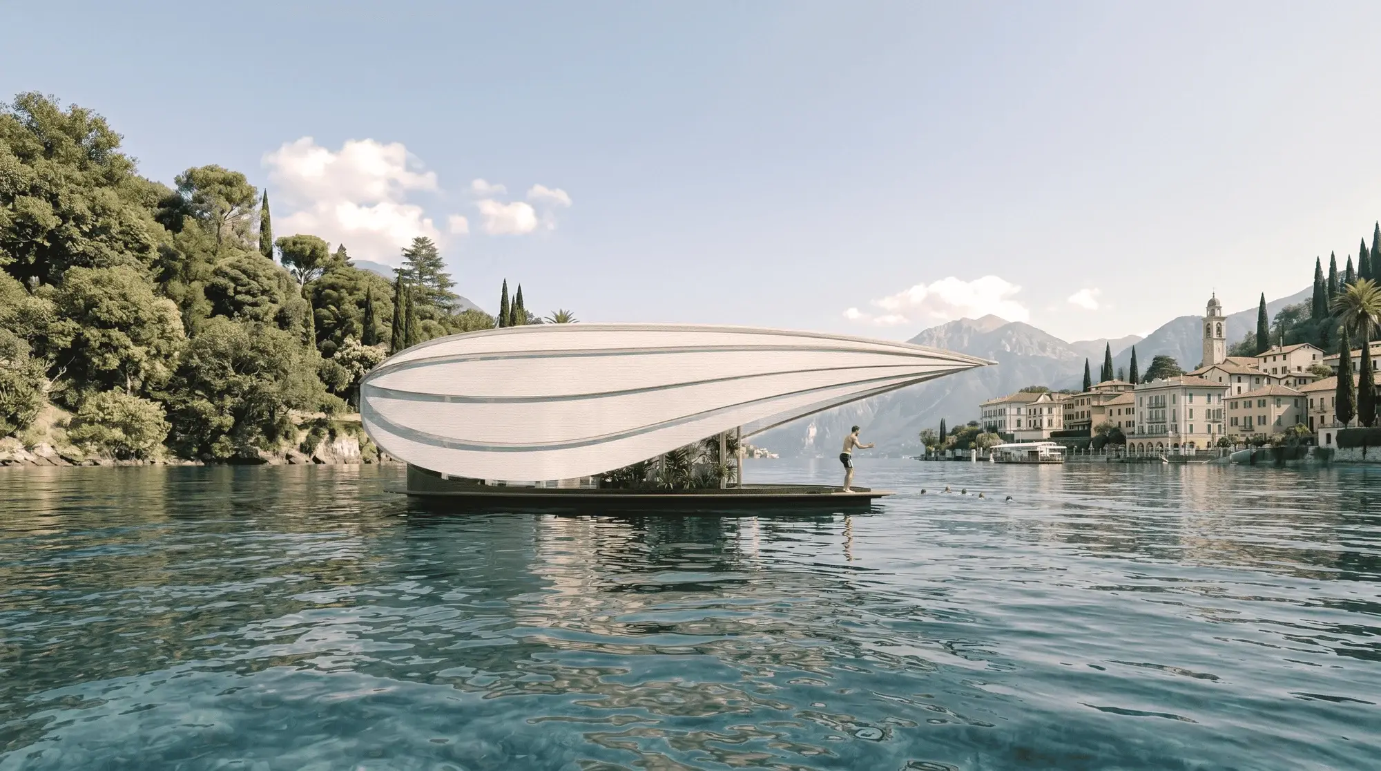 Rendu de Lucia par UAU Studio, micro-maison blanche flottant sur le lac de Côme avec son toit sculptural