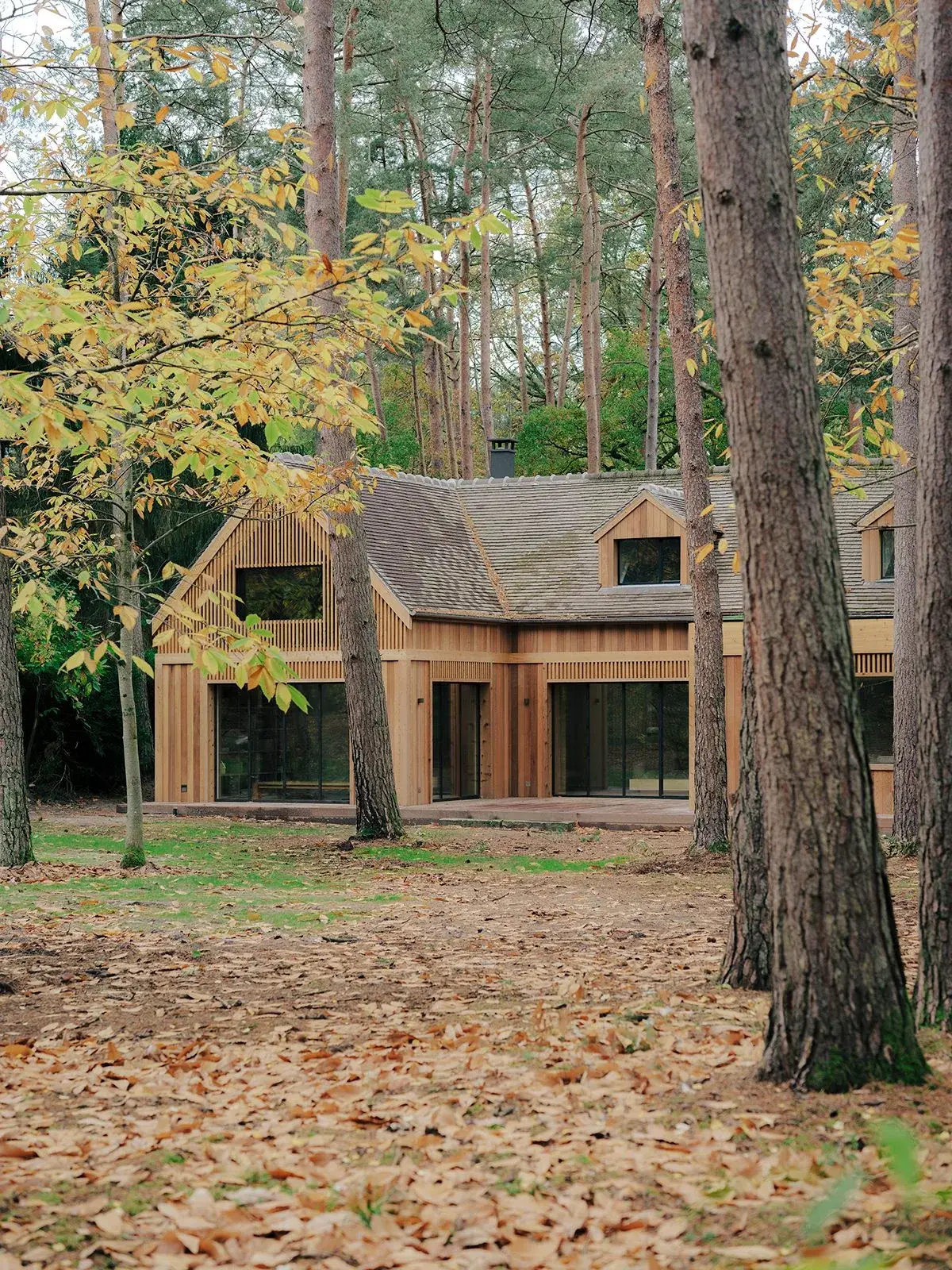 Vue extérieure de la Maison de l’Orée dans son environnement boisé