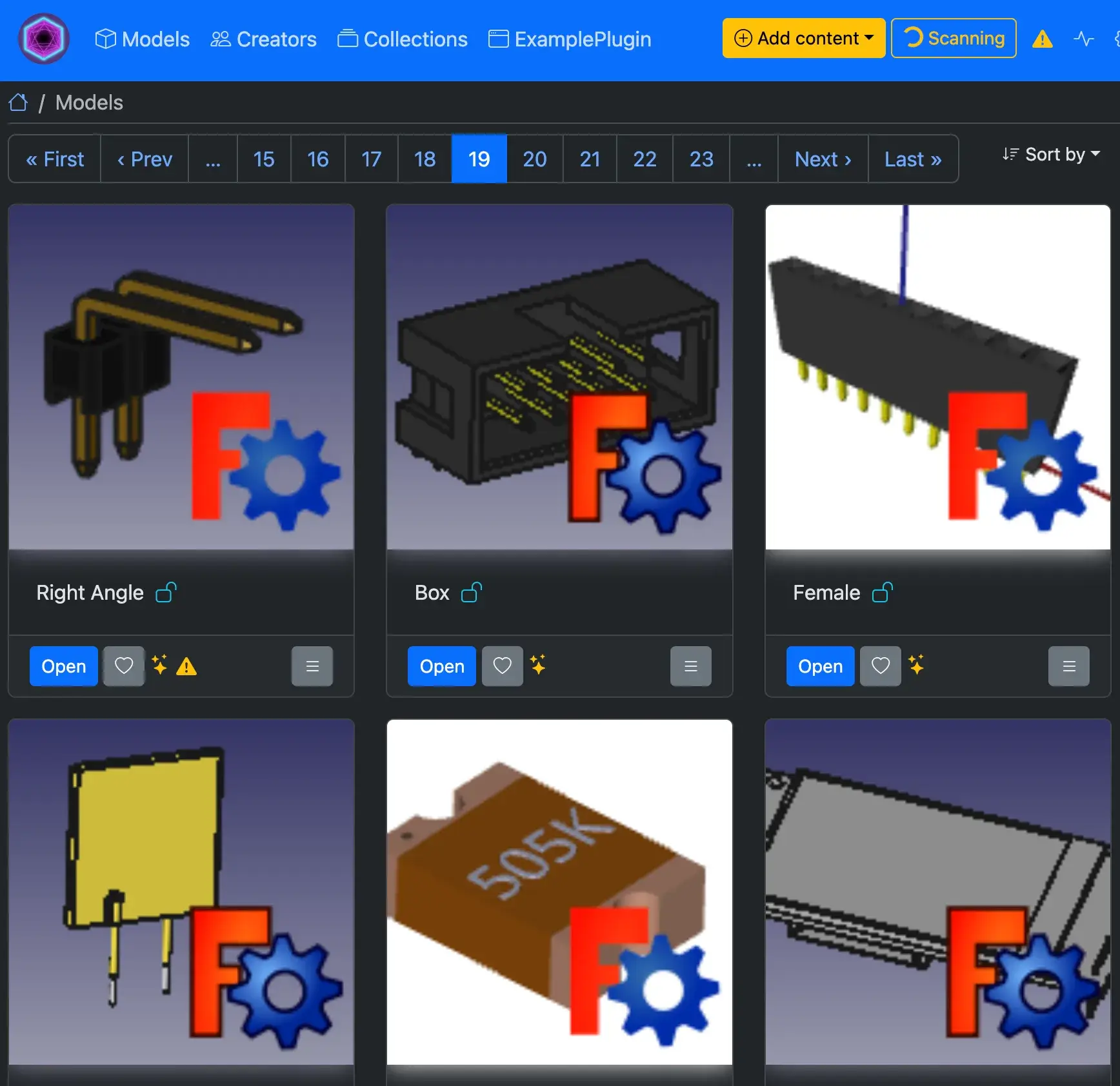 Interface de Manyfold affichant des vignettes de fichiers FreeCAD