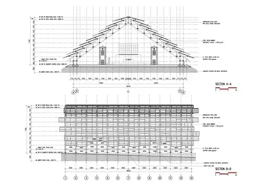 Coupe architecturale de Neramit montrant la grande toiture triangulaire et son volume intérieur
