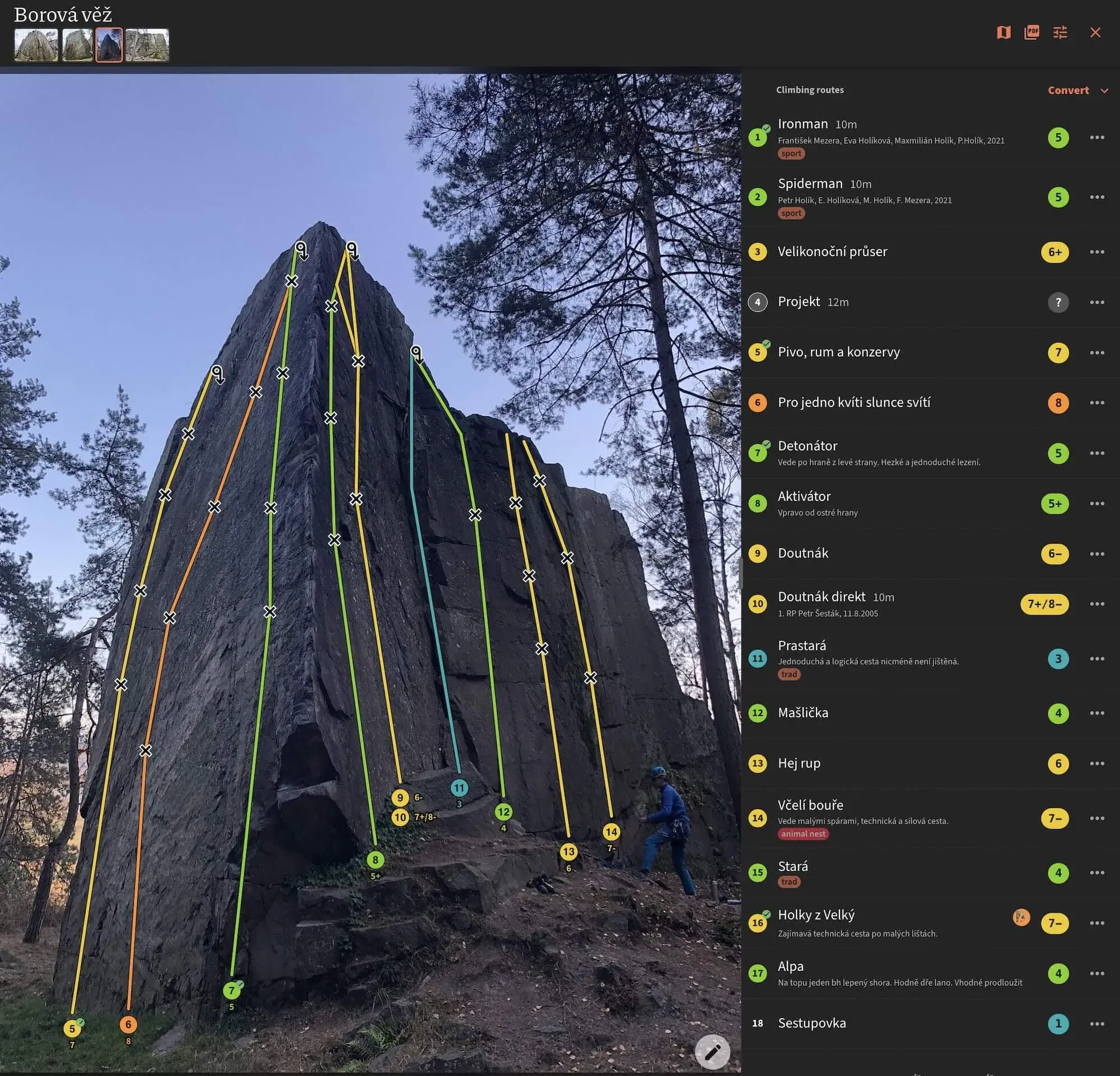 Éditeur OpenClimbing affichant les données d’escalade et les outils de modification des voies