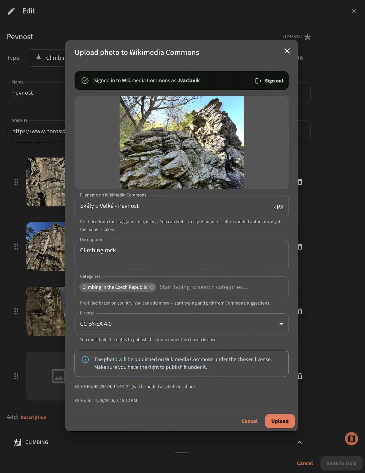 Interface OpenClimbing pour envoyer une photo d’escalade vers Wikimedia Commons