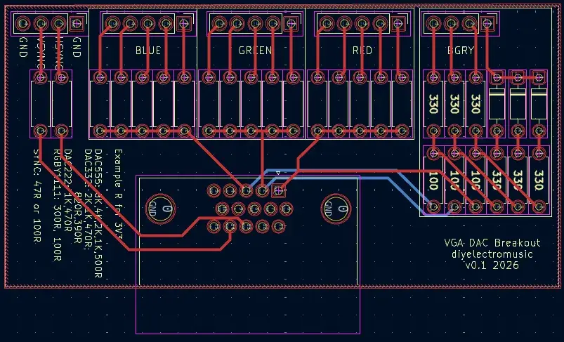 Rendu du PCB PicoVGABreakout reliant un Raspberry Pi Pico à une prise VGA avec emplacements de résistances