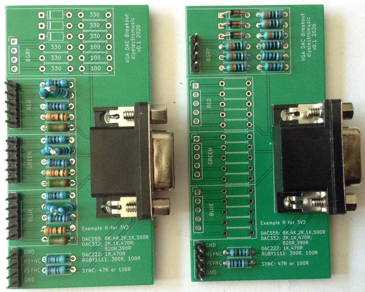 Deux montages DAC côte à côte sur une carte d'essai VGA : cinq résistances par canal à gauche, configuration RGBY1111 avec diodes à droite