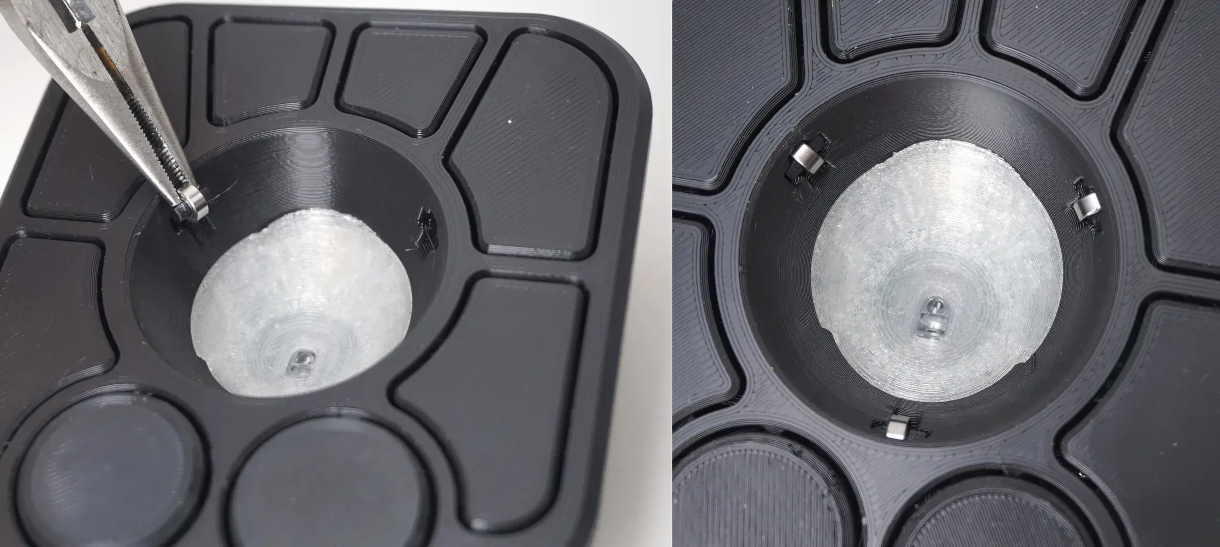 Trois roulements du Ploopy A+ installés dans la coque supérieure imprimée en 3D