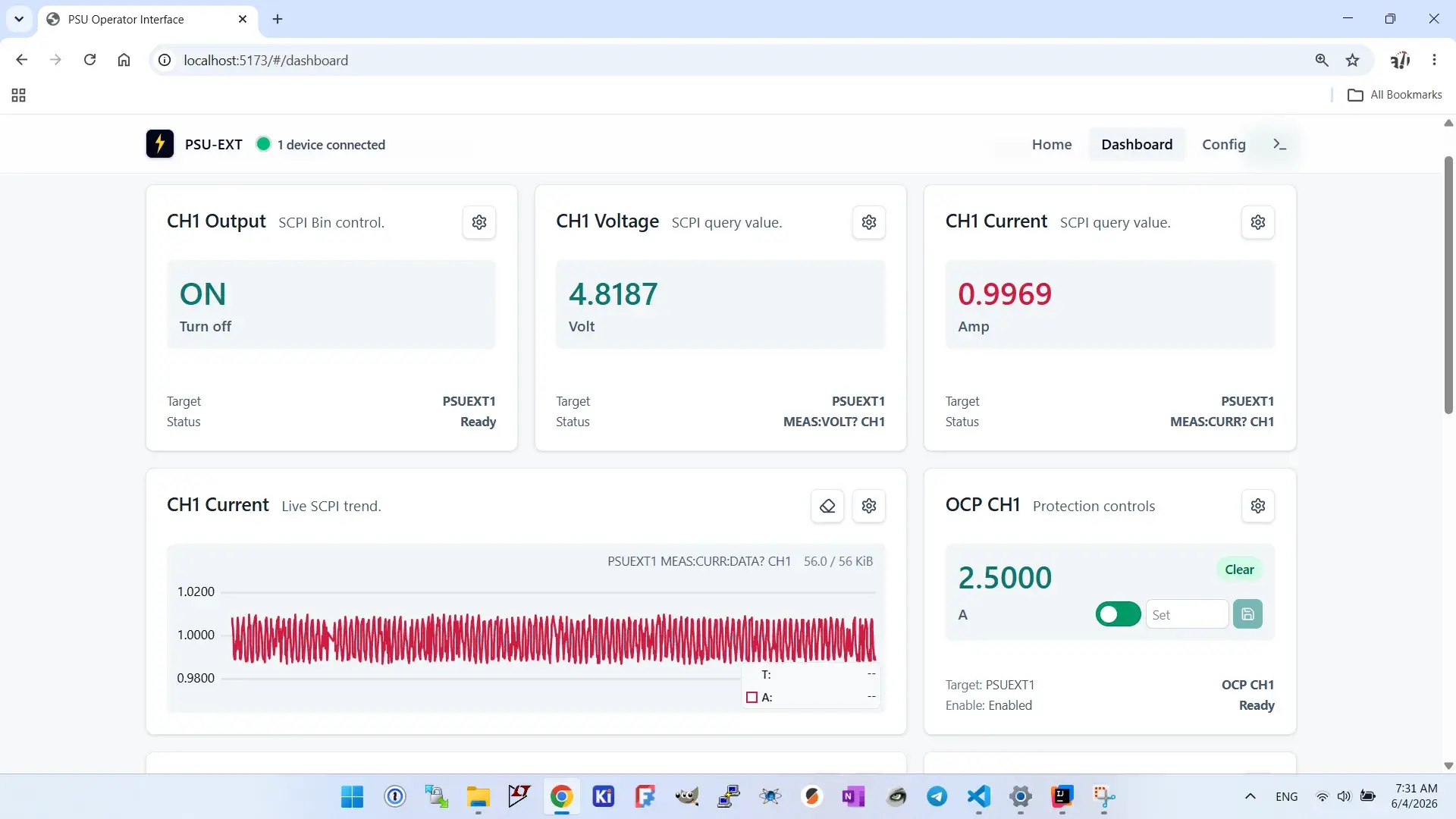 Dashboard PSU-EXT affichant mesures et contrôles d'instruments de laboratoire