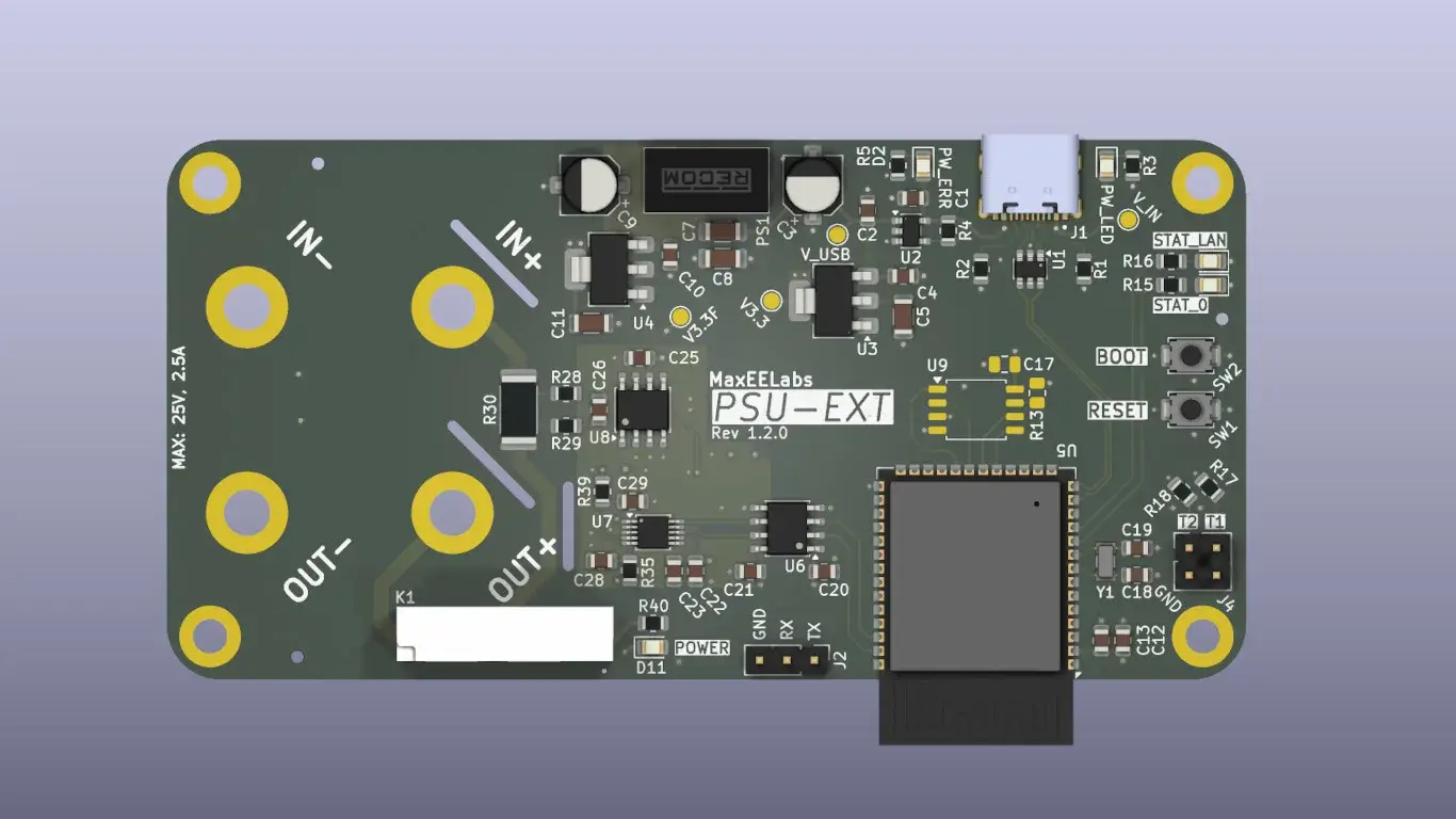 Rendu du circuit imprimé PSU-EXT avec ESP32-S3, borniers et étage de mesure