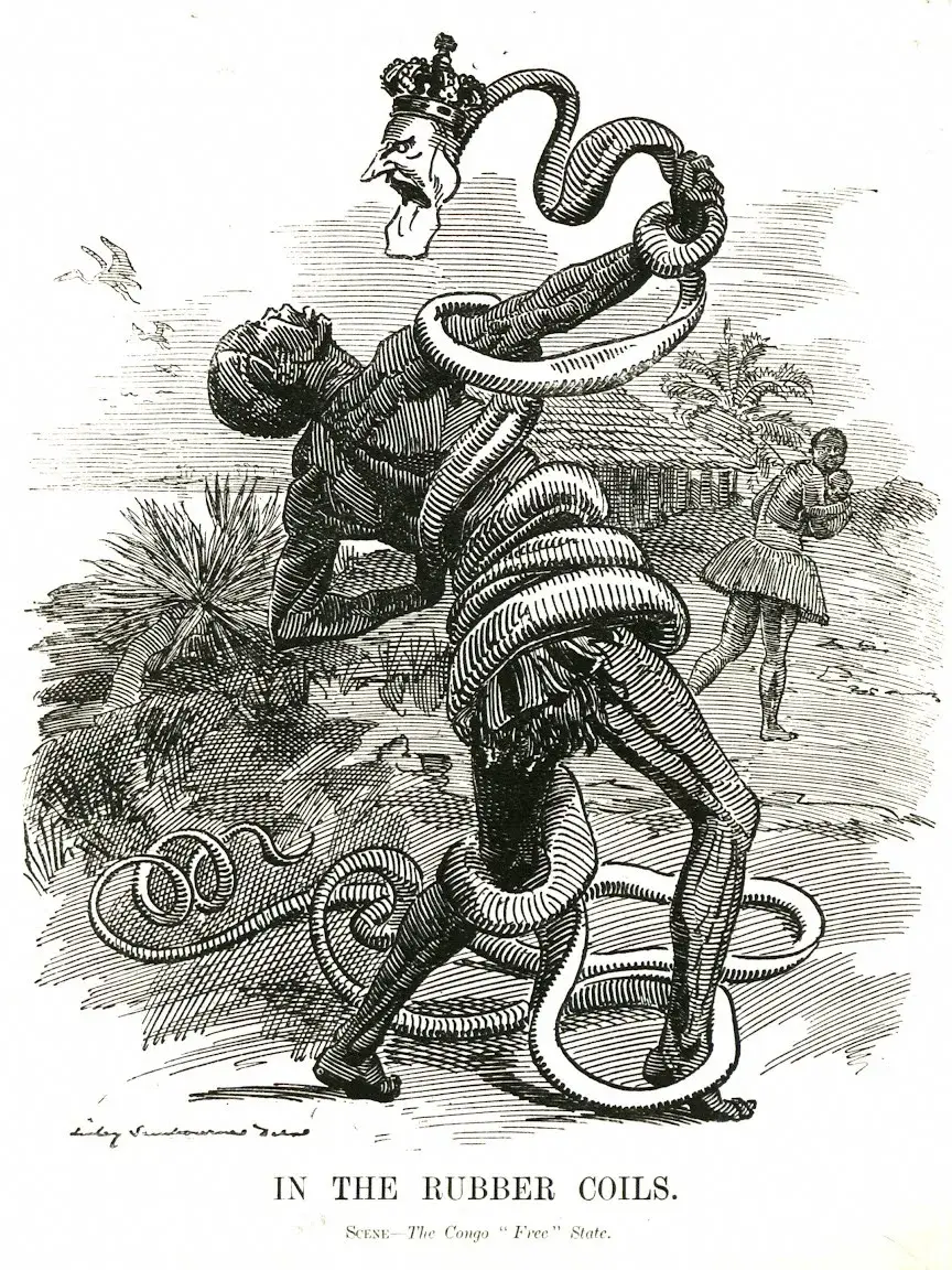 Caricature de 1906 montrant Léopold II en serpent enroulé autour d'un récolteur de caoutchouc congolais