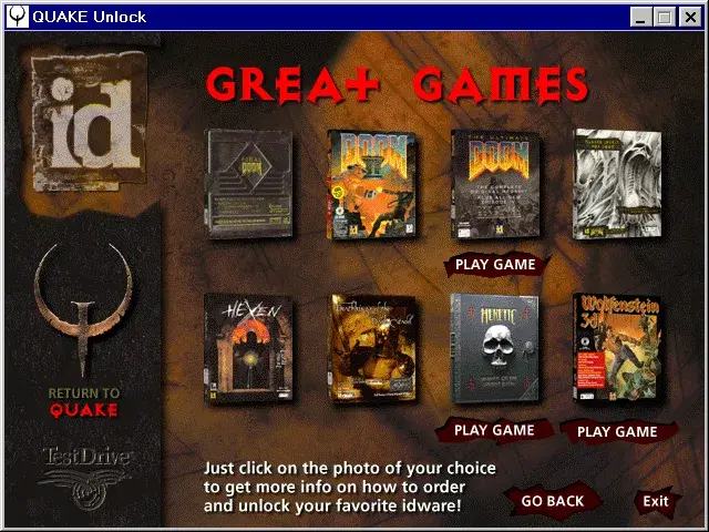 Écran du catalogue logiciel du CD shareware de Quake