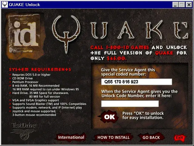 Écran challenge et serial du système de déverrouillage du CD Quake