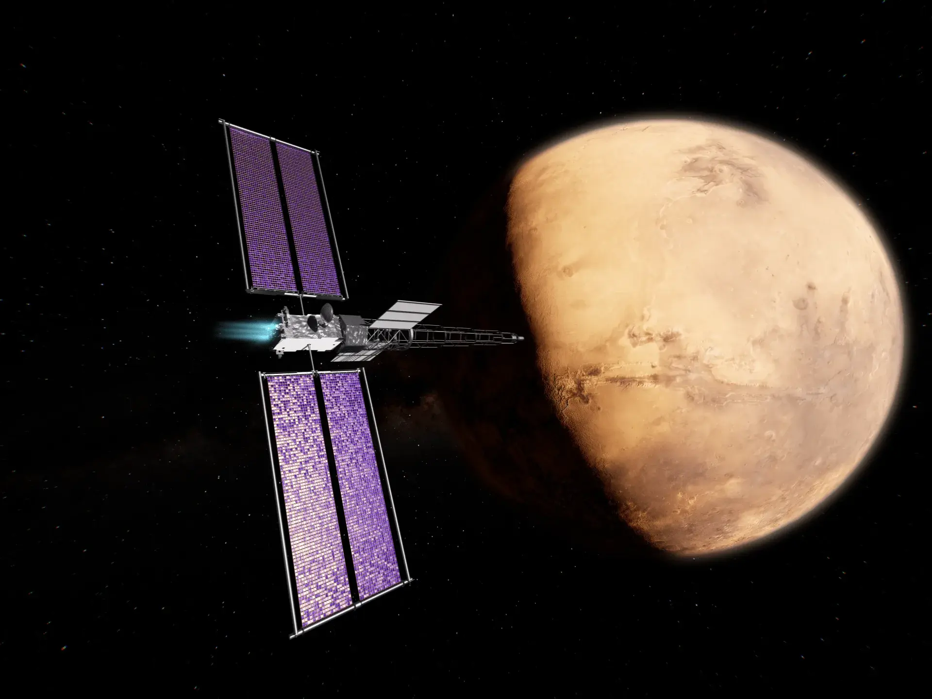 Concept d'artiste de la NASA pour SR-1 Freedom, première sonde interplanétaire à propulsion nucléaire-électrique, avec panneaux solaires, radiateurs et propulseurs électriques