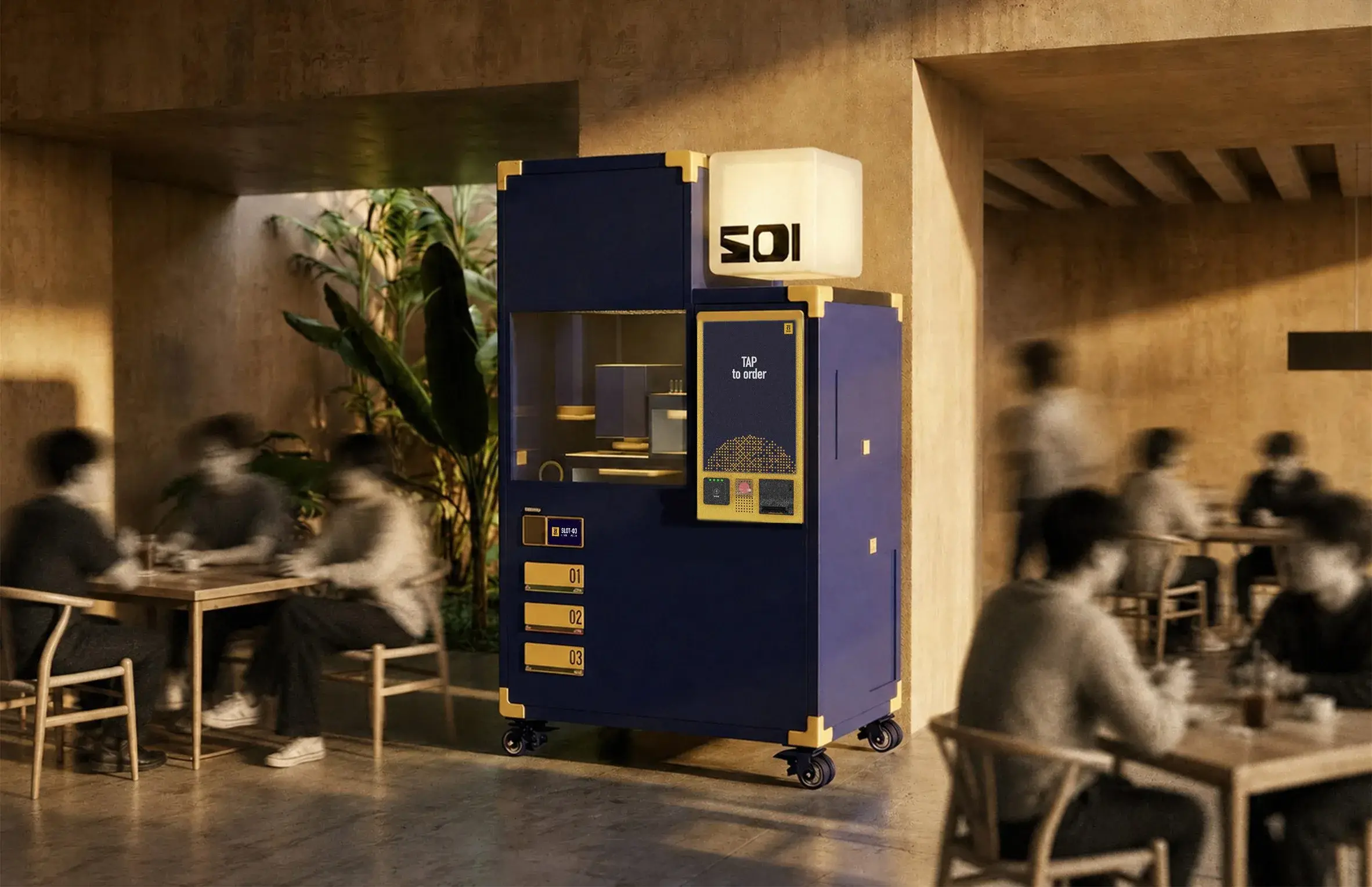 Rendu du distributeur Soi : armoire bleu nuit sur roulettes avec écran tactile « TAP to order », fenêtre sur le mécanisme et trois fentes de retrait numérotées, dans une cantine