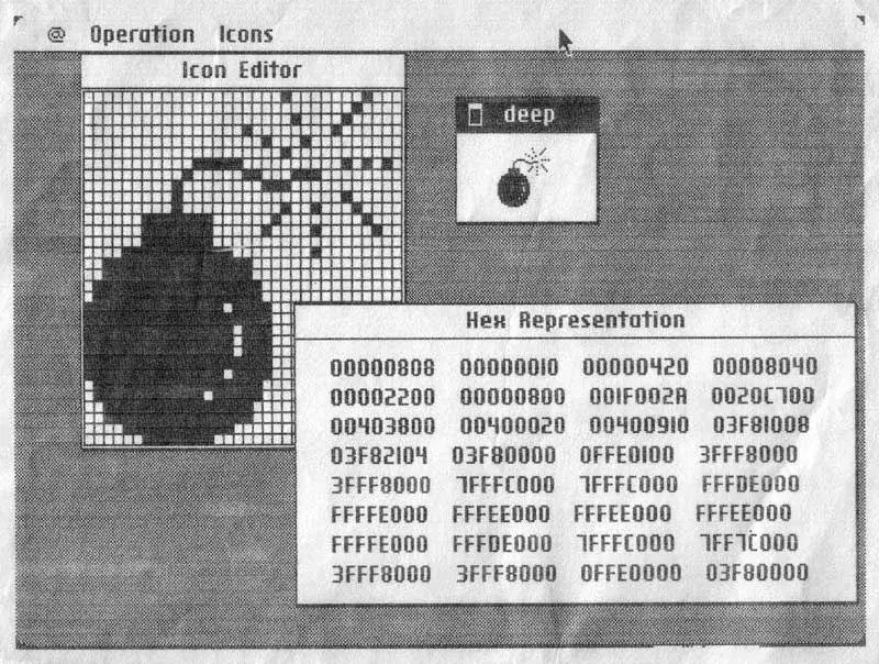 Capture de l’éditeur d’icônes montrant l’icône bombe du Macintosh et sa représentation destinée à la ROM
