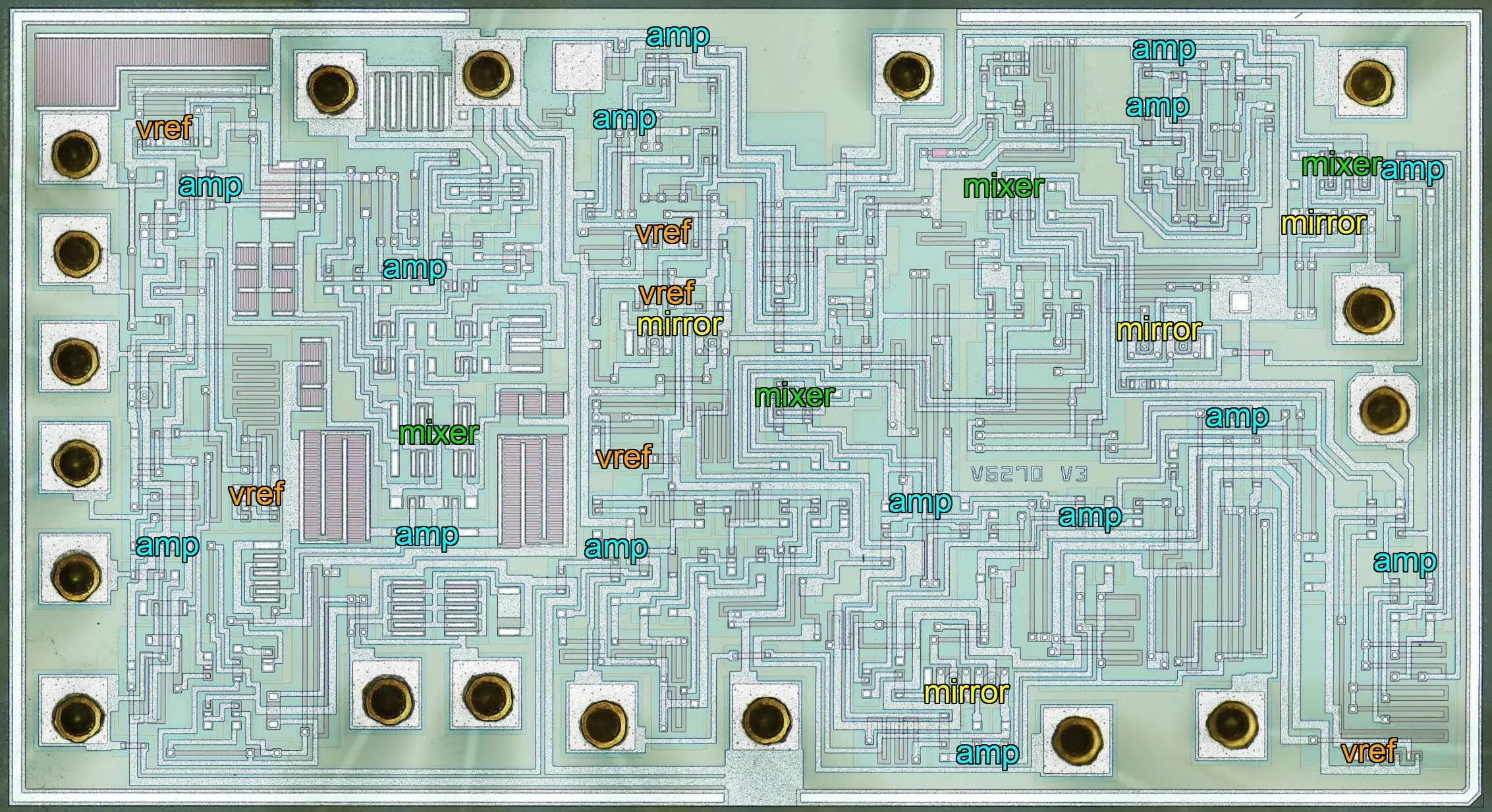 Die du circuit Philips TDA7000 annoté avec ses principaux blocs fonctionnels