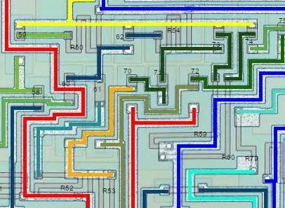 Zone du die TDA7000 annotée par couleurs et numéros pour suivre les connexions