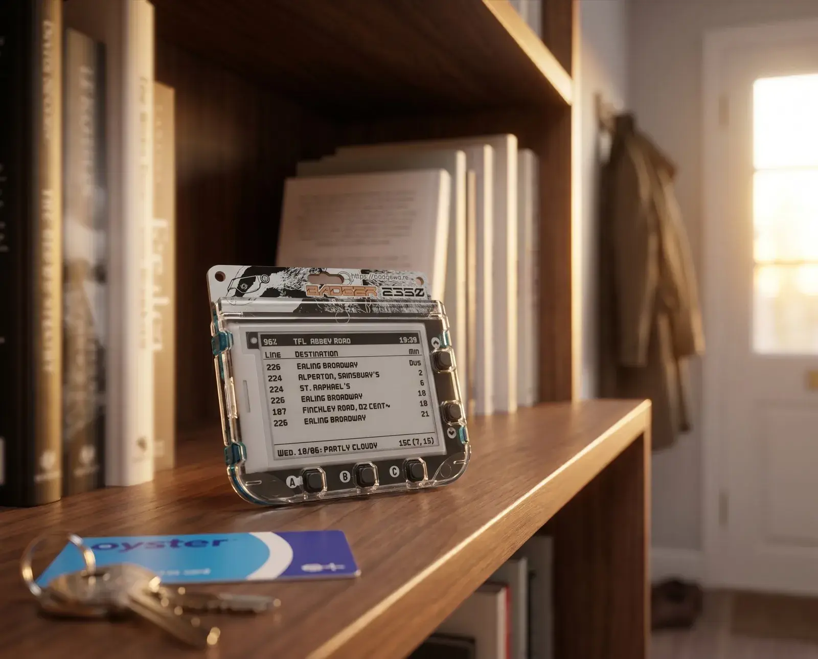 Badge Pimoroni Badger 2350 posé à plat, son écran e-paper affichant le tableau des prochains bus et la météo du jour