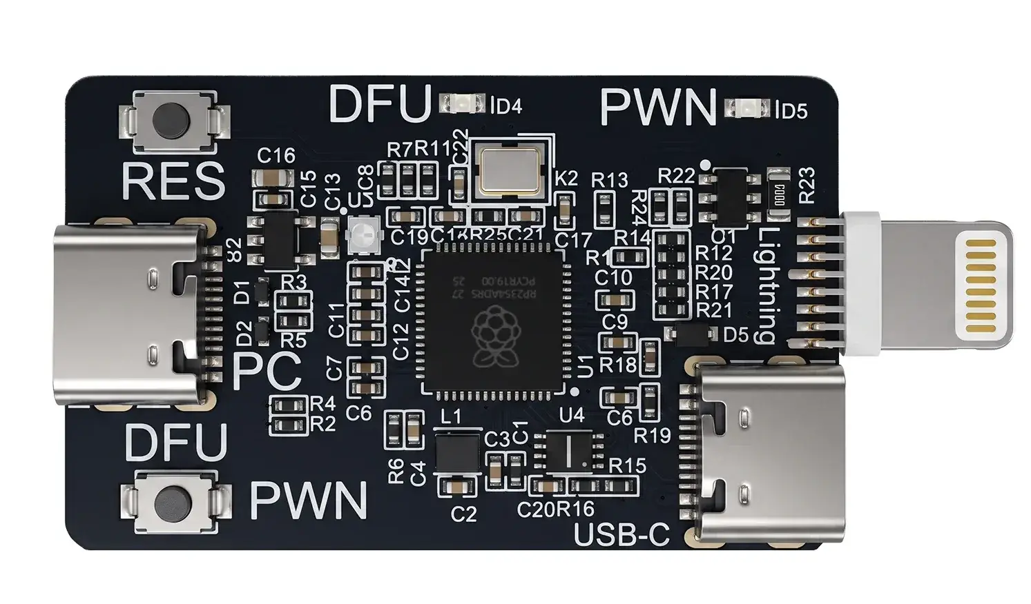 Carte SUNSHINE RP2354A DFU avec deux ports USB-C et un connecteur Lightning
