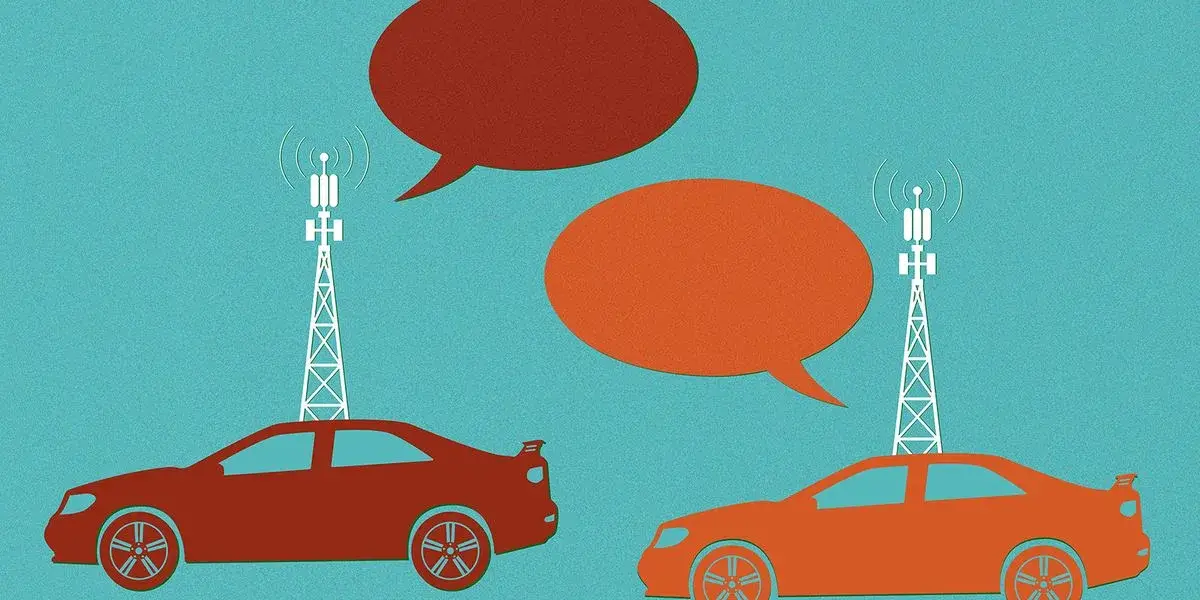 Illustration de voitures échangeant des données par réseau sans fil dans un scénario V2X