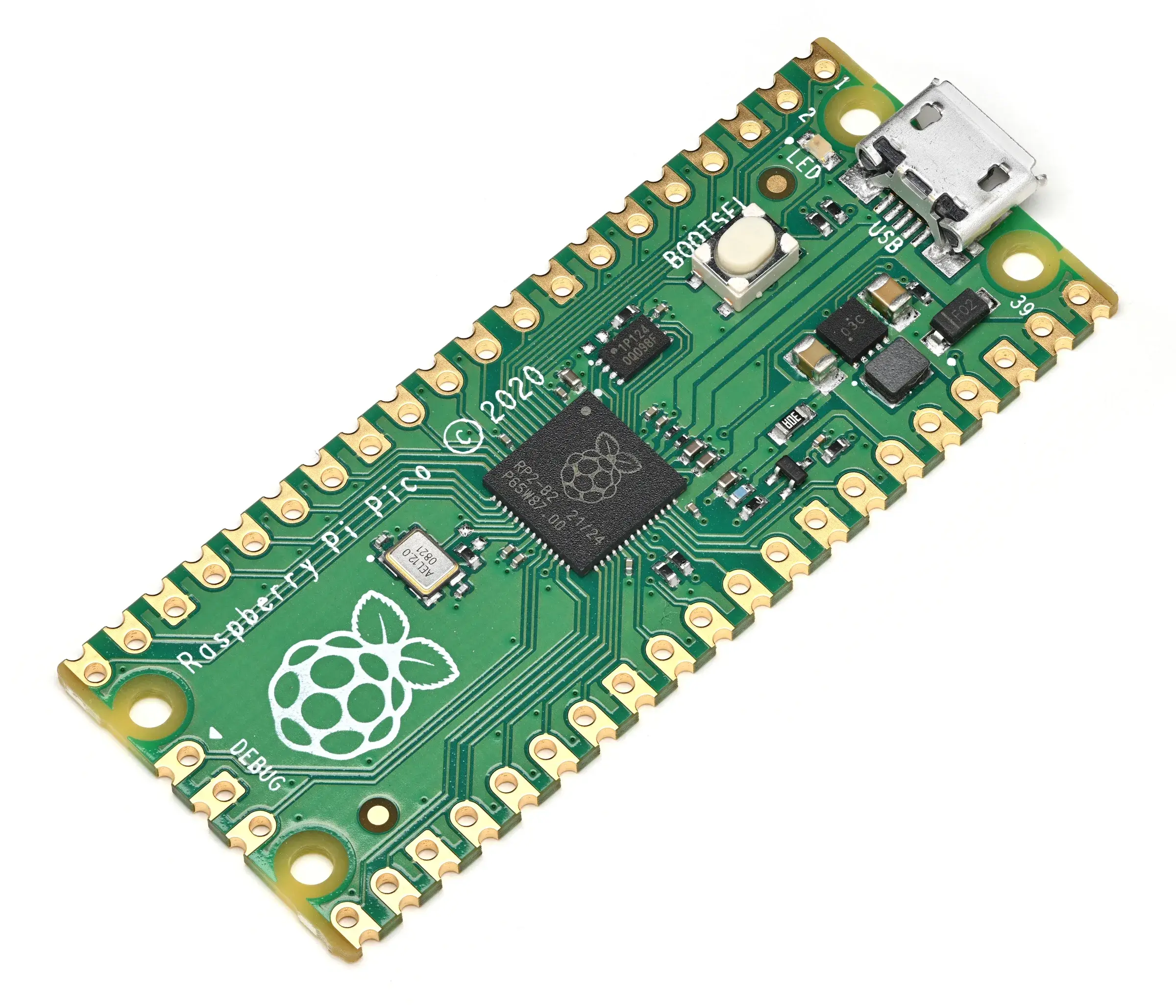 Carte Raspberry Pi Pico photographiée en oblique