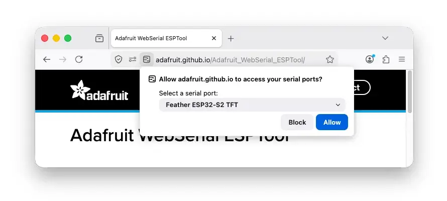 Invite de sélection de port série de Firefox