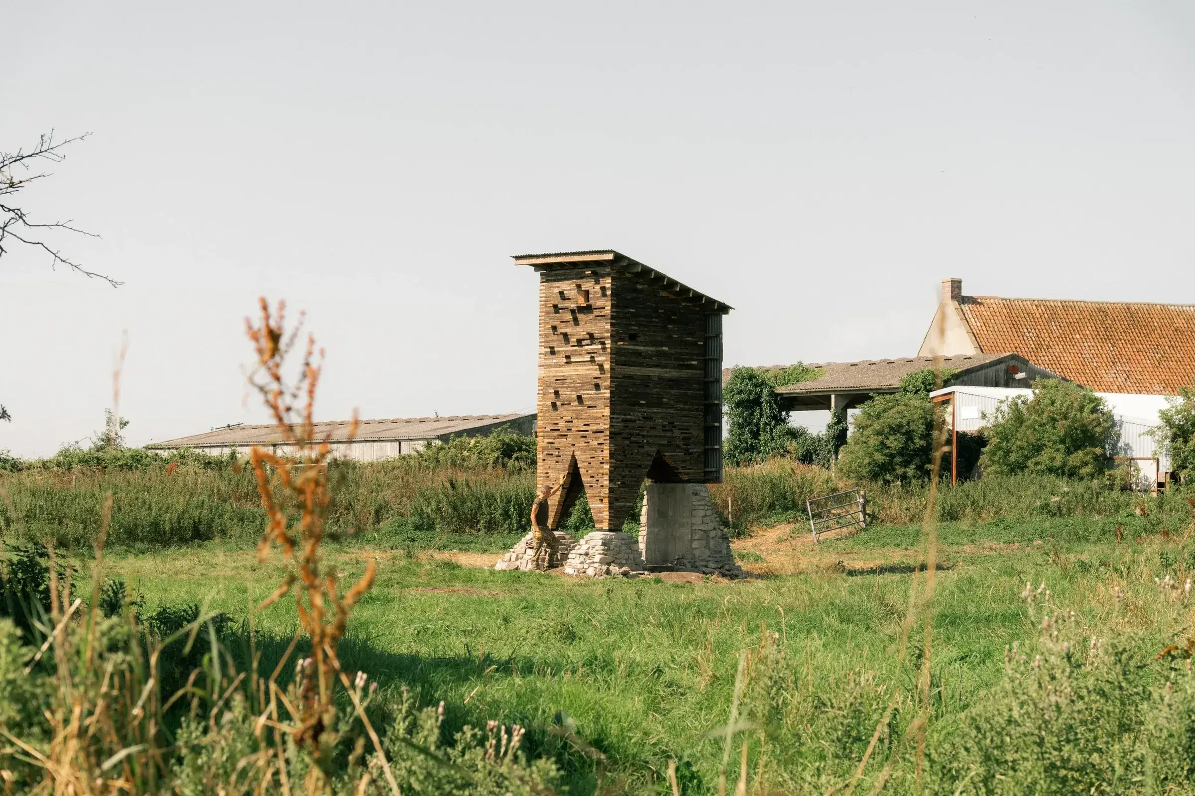 Tour en bois de réemploi pour la faune à Honeygar Farm, dans les Somerset Levels